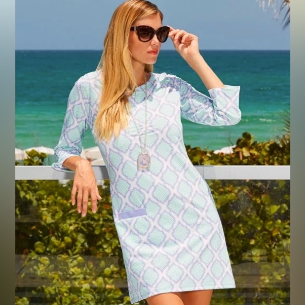 Cabana Life UPF Latice print white mint purple shift dress w front pocket Size L